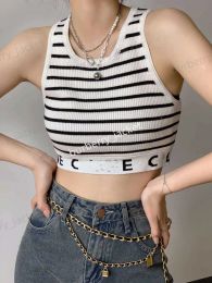 T-Shirt Women's Fashion Designer Sleeveless Cropped Top, Striped CC Knit Sport Tank, Outfits for Daily Casual & Yoga Tees VNeck Slim Fi