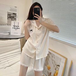 Home Clothing Women's Summer Satin Lace Trim Lapel Neck Loungewear Lounge Sets Short Sleeve Buttons Top With Elastic Shorts Nightwear 2