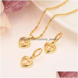 Earrings & Necklace Europe Women Pendant Necklaces/Earrings/Ring Jewellery Set 9 K Fine G/F Solid Gold Heart Cross Gift Drop Delivery S Dhet9
