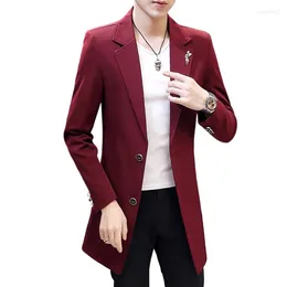 Men's Suits Blazer Fashion Business Trend British Style Slim Solid Color Wedding Thin Medium Long Trench Coat Single Masculino