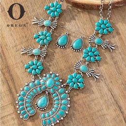 Necklace Earrings Set Obega 2 Pcs Bohemia Turquoise Stone Flower Pendant Water Drop Charm Vintage Statement Fashion Party Jewelry