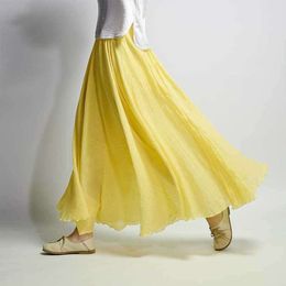 Designer's New Summer Art Loose Size Cotton and Hemp Half Skirt Elastic Waist A-line Long Skirt Solid Colour Pleated Large hem SkirtFLEH