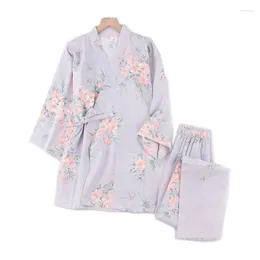 Home Clothing Cotton Women Sleepwear Clothes Ladies Half Sleeve Kimono Robe Sets Long Trousers Pajamas Suit Homewear Pijama Seda