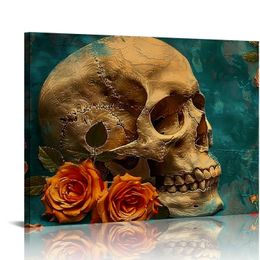 Floral Skull Canvas Wall Art Vintage Orange Rose Human Skeleton Picture for Gothic Home Decor Ready to Hang