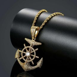 hip hop ship039s anchor Rudder diamonds pendant necklaces for men luxury necklace real gold plated copper zircons Cuban chains 1102368