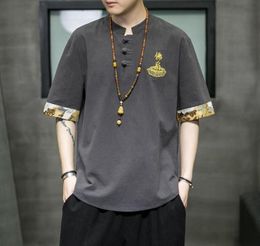 Men039s TShirts Embroidered Chinese Characters Short Sleeve T Shirt Men Summer Quality Cotton Linen Oversized Stand Collar Cam1042763