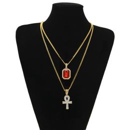 Hip Hop Jewellery Egyptian large Ankh Key pendant necklaces Sets Mini Square Ruby Sapphire with Cross Charm cuban link For mens Fashion 296r