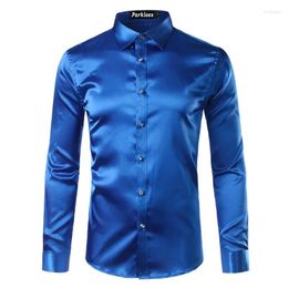 Men's Casual Shirts Silk Shirt Men 2024 Satin Smooth Solid Tuxedo Business Chemise Homme Slim Fit Shiny Gold Wedding Dress