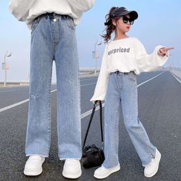 2023 adolescentes grandes jeans largos jeans garotas calças de jeans fora de calça longa calça de menina roupas de menina outono primavera 4-12 anos L2405