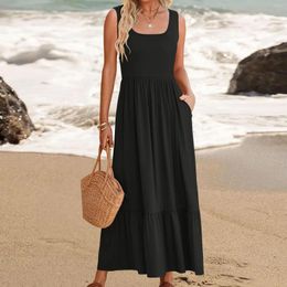 Casual Dresses Solid Loose Women Tanks Sleeveless Color Thin Splicing Large Hem Square Neck Midi Dress Streetwear Summer