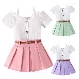 Clothing Sets Pudcoco Toddler Kids Girls 2Pcs Summer Outfits Off Shoulder Short Sleeve Strap Tops Pleated Skirt Set Baby Clothes 1-5T