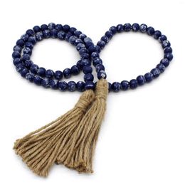 Decorative Figurines Wood Beads Garland With Tassels Farmhouse Wooden Prayer Bead String Wall Hanging Accent For Home Decor. Navy Blue