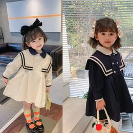 Summer Spring Girls Dress British Style Navy Collar Little Cute Long-Sleeved Student School Dress Baby Kids ChildrenS Clothing 240530