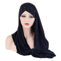 New Forehead Cross Beads Muslim Hijab Scarf Ready to Wear Turban Instant Hijabs Islamic Women Headscarf Female Head Wraps Stoles