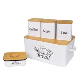 Bread Box 3pcs Jars Kitchen Countertop Food Container Set Coffee Sugar Tea Storage Metal Bread Bin with Bamboo Board Cover