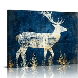 キャビンウォールアート鹿の動物シルエットキャンバス写真素朴なネイビーブルーワイルドライフプリントバスルーム装飾用アートワークベッドルームの家の飾り