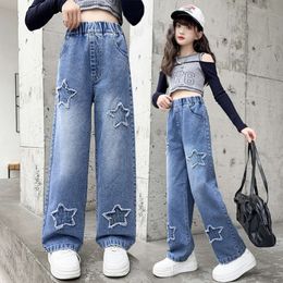 Girls Jeans Spring And Autumn Little Girl Children Causal Trousers Kids Five-pointed Star Denim Wide-leg Pants 4-14 Y L2405