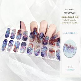 22 Tips Light Blue UV Semi-cured Gel Nail Stickers Waterproof Half Baked Full Paste Stickers UV Lamp Required Nail Charms