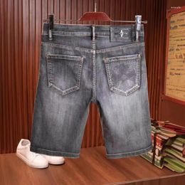 Men's Jeans Fashion Printed Denim Shorts Gray2024 Summer Trendy Light Luxury All-matching Slim Fit High-end Elastic Capri Pants