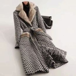 Blends Women's Wool Blend Tweed Long Coat with Imitation Mink Fur Collar