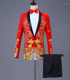 Mens Black Gold Blazer Chinese Style Floral Fish Embroidery Blazer Men Shawl Collar Male Stage Wear Prom12135628