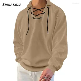 Men's Hoodies Casual Mens Knit Tops Long Sleeve V Neck Lace-up Pullover 2024 Spring Fashion Pure Colour Loose Lapel Knitted Sweatshirt Men