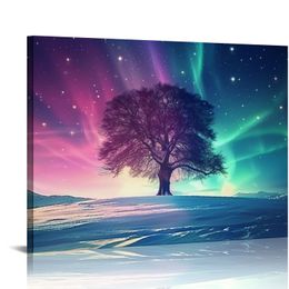 Aurora Canvas Wall Art, Purple Tree and Colorful Aurora Painting Print Northern Lights Picture Poster for Living Room Bedroom Decor