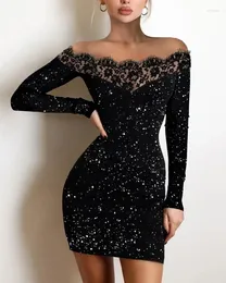 Casual Dresses Fashion Off Shoulder Contrast Lace Glitter Sexy Party Bodycon Dress For Women 2024 Summer Women's Clothes Elegant Retro