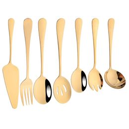 Dinnerware Sets 7Pcs Gold Stainless Steel Set Soup Spoon Colander Service Salad Fork Cake Spata Kitchen Home Tableware Drop Delivery Dhm0J