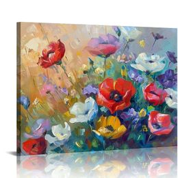 Red Flowers Canvas Wall Art Painting Colorful Florals Picture, Vintage Wildflowers Artwork Framed for Living Room Bedroom Bathroom Kitchen Home Office Decor