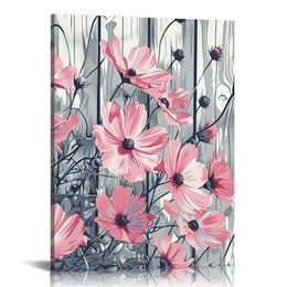 ピンクの花柄のキャンバスウォールアート面白いカントリーリビングルームの木製壁アートのピンクと灰色の花、ベッドルームバスルームの装飾のための素朴なヴィンテージ額の抽象絵画、