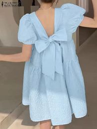 ZANZEA Sweety Puff Short Sleeve Short Robe Elegant Women Mini Dress Korean Bow Tie Evening Dress 2024 Summer A-line Party Dress 240529