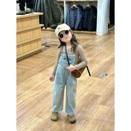 8545 Children Clothes 2024 Spring New Fashionable and Retro Girl's Jeans Suspender Pants Or Solid Color Bottoming Shirt Tops