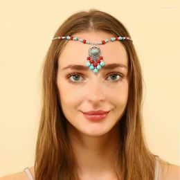 Hair Clips Vintage Boho Stone Headpiece Turquoise Forehead Headband Tassels Head Chain For Women Jewellery