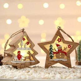 Party Decoration Wooden Laser Hollowed Christmas Tree Hanging Pendant LED Light 3D Santa Claus Snowman Snowflake Elk