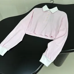 Women's Polos Fashion Loose Crop Polo Shirts For Women 2024 High Quality Pink Tees Embroidery White Cuffs Long Sleeve Tops Lady Spring