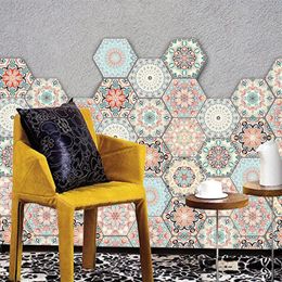 10Pcs Moroccan Style Self-Adhesive Tiles Stickers Hexagonal Ethnic Mandala Style Bathroom Kitchen Floor Wall Tiles Stickers 240530