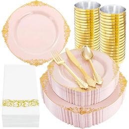350PCS Plastic Plates Disposable Dinnerware and Pre Rolled Napkins Silverware Cups 240520