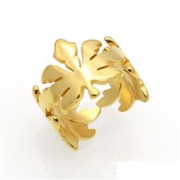 Solitaire Ring Fashion High Polishing Ladys Gold Maple Leaf Band Rings 316L Stainless Steel Personality Womens Hip Hop Plant Leaves Dhhxt