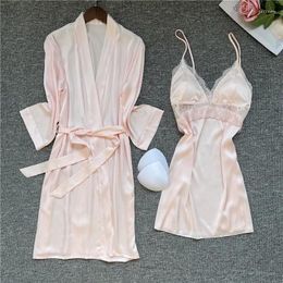 Women's Sleepwear Sexy Lace Women Robe Set Lounge Full Sleeve Kimono Bath Gown V-Neck Nightdress 2PCS Lady Rayon Sleep Suit Summer