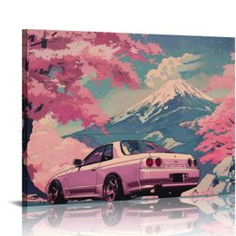 JDM Car R34 Poster Canvas Wall Art Posters Decor Japanese Landscape Pink Cherry Blossom Mount Fuji Wall Art Aesthetic Prints Painting