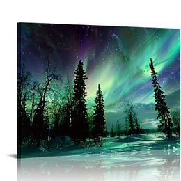 Aurora Borealis Canvas Wall Art, Green and Purple Aurora Trees Painting Poster Aurora Lights Starry Scenery Picture Print for Bathroom Hallway Decor