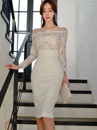 Casual Dresses Fashion Korean Spring Autumn Elegant Women Dress Mujer Chic Lace Sheer Sexy Off-Shoulder Midi Party Club Prom Vestidos