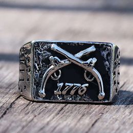 Vintage Independence Day Ring Heavy Sugar White Gold Cowboy Men Rings Double Guns Punk Gothic Ring Mens Biker Jewelry