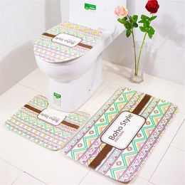 Carpets Non-Slip Flannel Bathroom Carpet Three-Piece Toilet Floor Mat Set With Colour Wood Board Printing Cover And Rugs