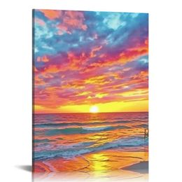 Ocean Painted by Sunset Glow Pictures for Dinning Room Office Bar Wall Decor Seascape Prints Wall Art Framed