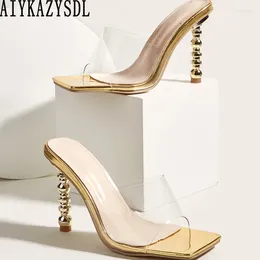Slippers AIYKAZYSDL Women Strange Heel PVC Transparent Gold Shoes Mules Square Open Toe Slides Ladies Plus Size 43