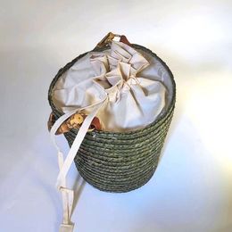 New bucket straw grass women's handbag, genuine bamboo handle, grand hand woven flower basket, forest style women's bag
