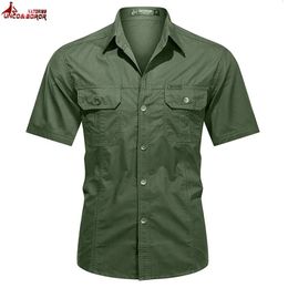 Summer Streetwear Mens Button Pure Cotton Military Polo Dress Shirt Men Short Sleeve Business Casual Golf Cargo Shirts Clothing 240530