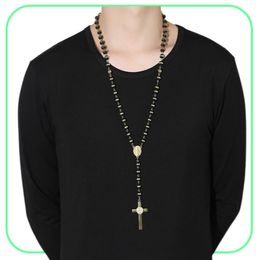 BlackGold Colour Long Rosary Necklace For Men Women Stainless Steel Bead Chain Cross Pendant Women039s Men039s Gift Jewellery 6801275